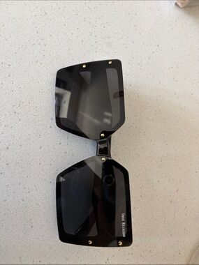 True Religion Glossy Black Square Shield Sunglasses with Gold Studs